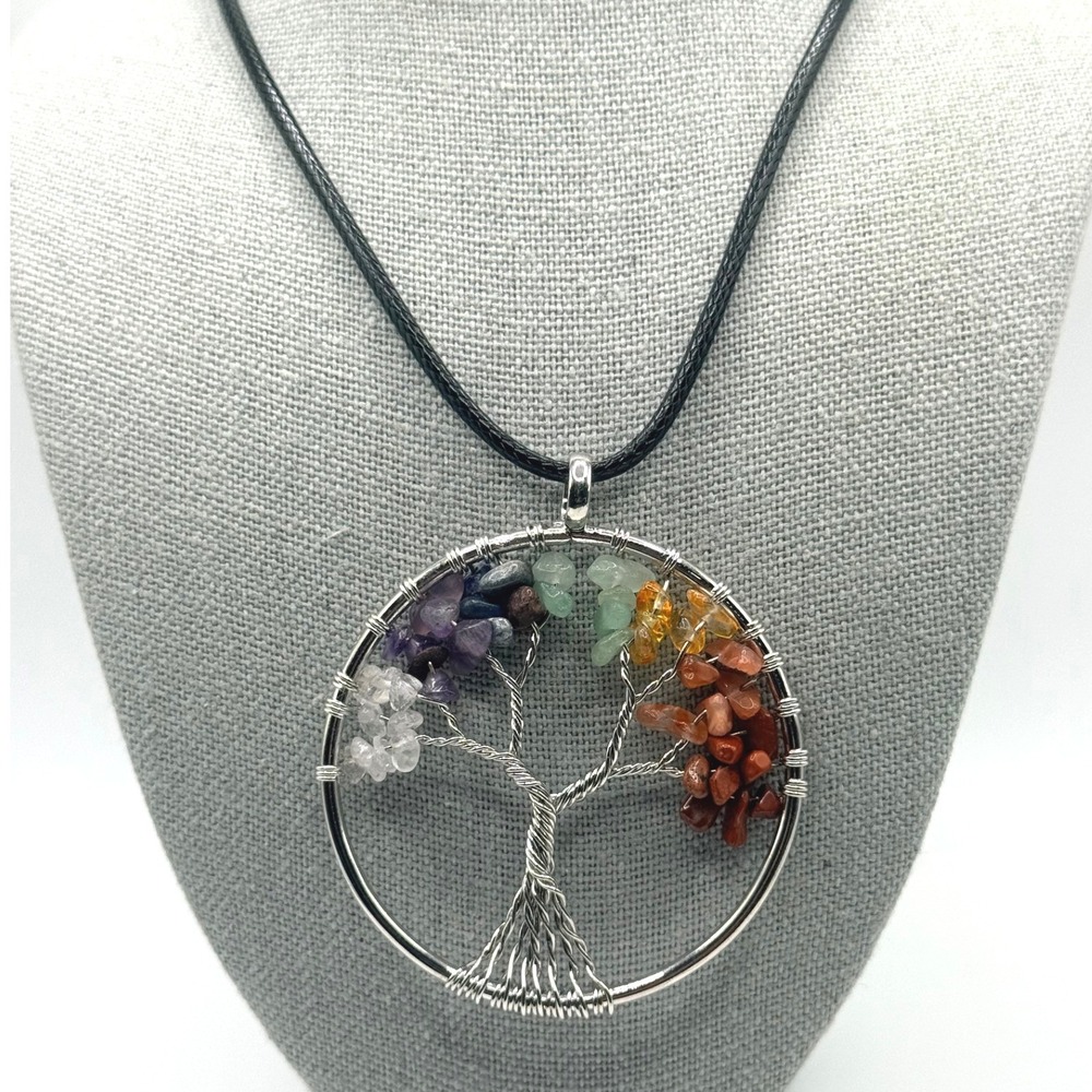 Tree of Life Chakra Gemstone Wire Wrapped Pendant Black Cord Necklace 16-18"